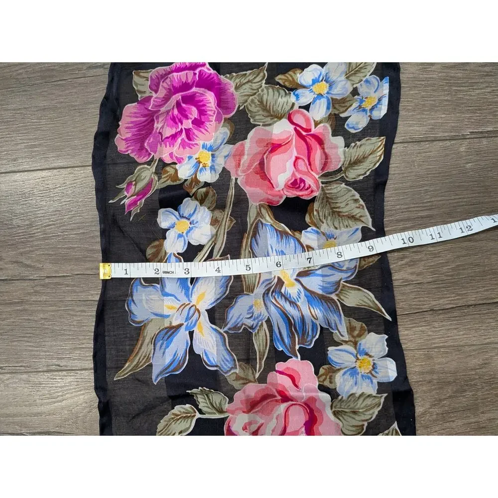 Black Floral Scarf Sheer Hair Festival Rodeo Boho Roses Iris Lily Oblong